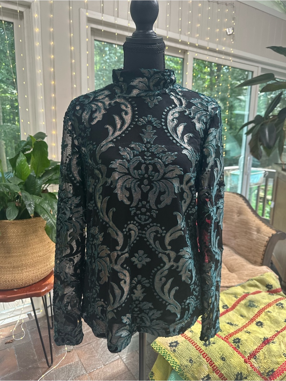 Boston Proper Black Long-Sleeve Lace Top with Teal Metallic Damask
